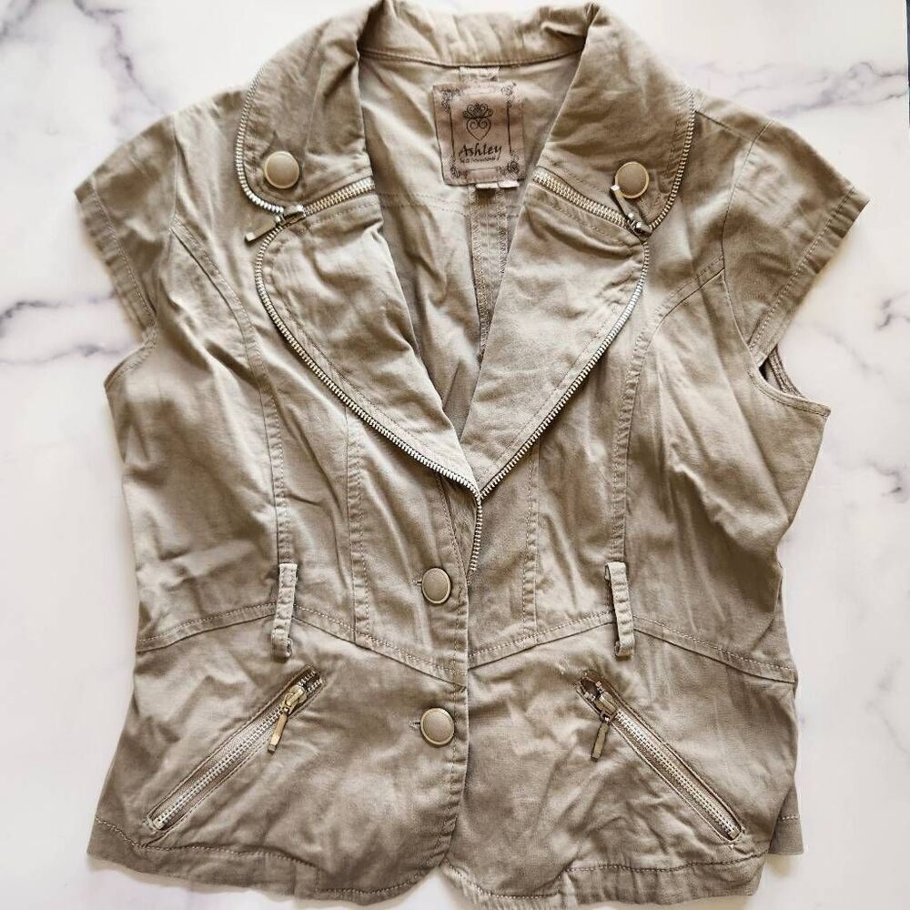 Ashley M womens cap sleeve cropped blazer zip up taupe y2k collared sand tan top